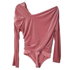 Express Body Contour Rose Pink Velvet Asymmetrical One Shoulder Bodysuit Large
